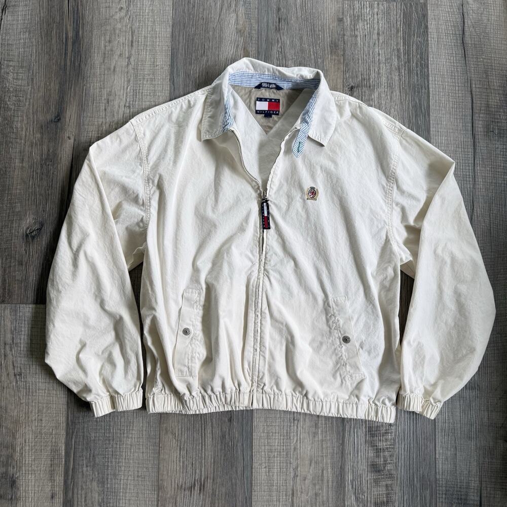 Vtg Tommy Hilfiger Harrington Jacket 90s Windbreaker Embroidered Large White